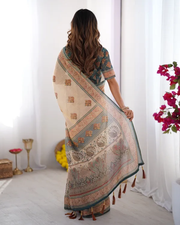 Ivory_&_Teal_Handloom_Cotton_Saree_with_Buti_Print,_Mandala_Motifs_&_Peacock_Pallu