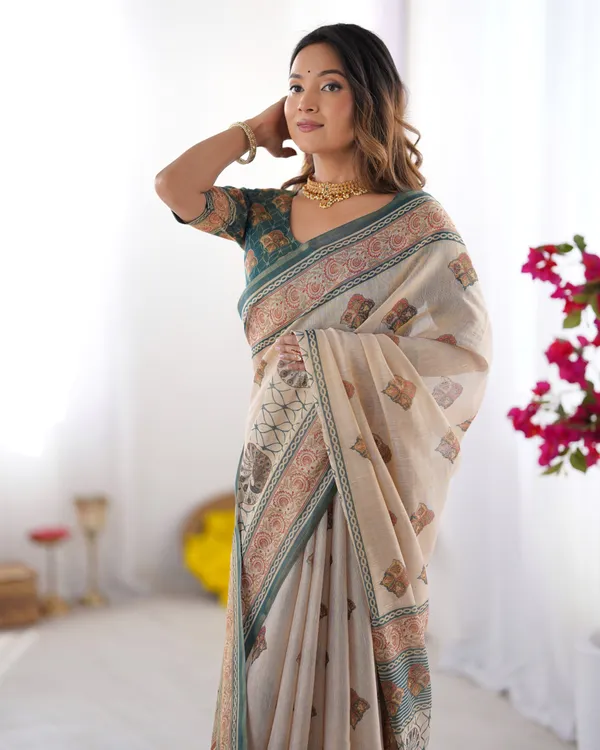 Ivory_&_Teal_Handloom_Cotton_Saree_with_Buti_Print,_Mandala_Motifs_&_Peacock_Pallu