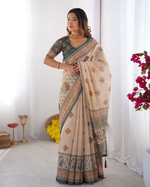 Ivory_&_Teal_Handloom_Cotton_Saree_with_Buti_Print,_Mandala_Motifs_&_Peacock_Pallu