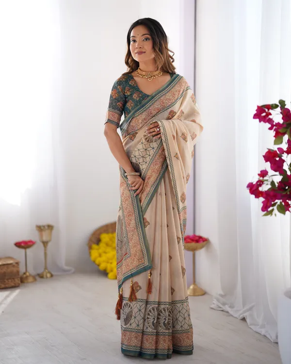 Ivory_&_Teal_Handloom_Cotton_Saree_with_Buti_Print,_Mandala_Motifs_&_Peacock_Pallu