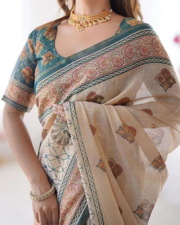 Ivory_&_Teal_Handloom_Cotton_Saree_with_Buti_Print,_Mandala_Motifs_&_Peacock_Pallu