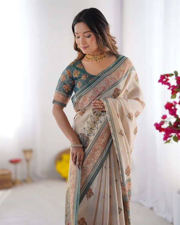 Ivory_&_Teal_Handloom_Cotton_Saree_with_Buti_Print,_Mandala_Motifs_&_Peacock_Pallu