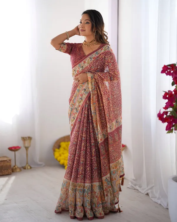 Maroon_Handloom_Cotton_Saree_with_All-Over_Floral_Print_&_Multicolor_Royal_Procession_Pallu