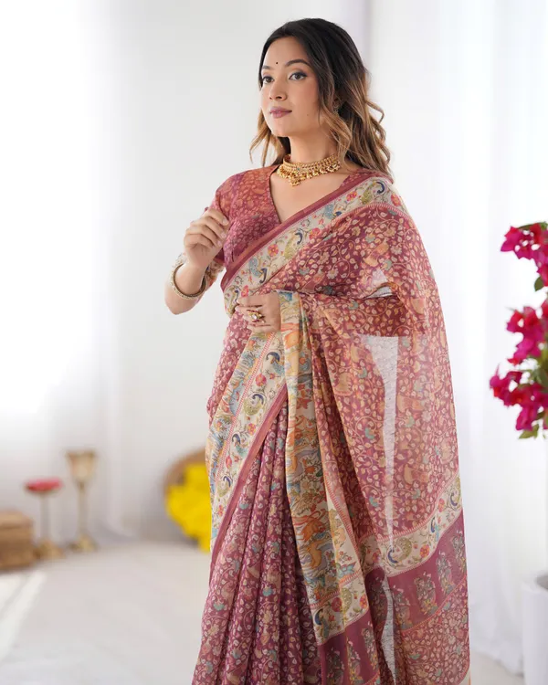 Maroon_Handloom_Cotton_Saree_with_All-Over_Floral_Print_&_Multicolor_Royal_Procession_Pallu