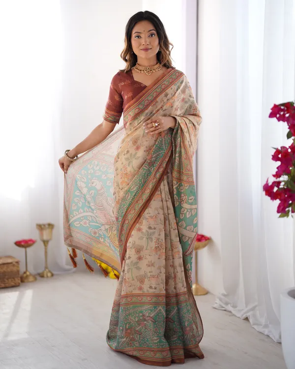 Beige_&_Green_Handloom_Cotton_Saree_with_Village_Life_Print_and_Majestic_Peacock_Pallu