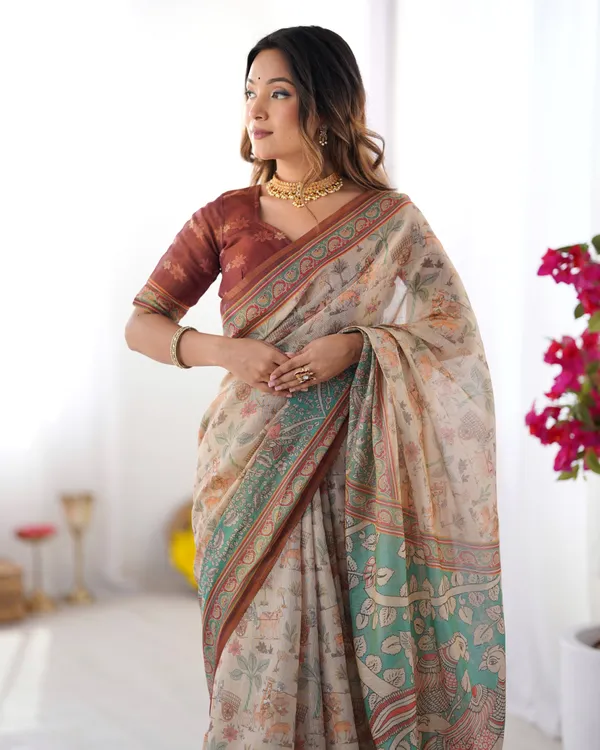 Beige_&_Green_Handloom_Cotton_Saree_with_Village_Life_Print_and_Majestic_Peacock_Pallu