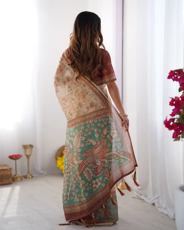 Beige_&_Green_Handloom_Cotton_Saree_with_Village_Life_Print_and_Majestic_Peacock_Pallu