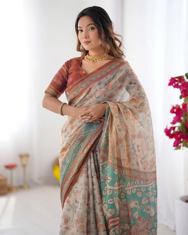 Beige_&_Green_Handloom_Cotton_Saree_with_Village_Life_Print_and_Majestic_Peacock_Pallu