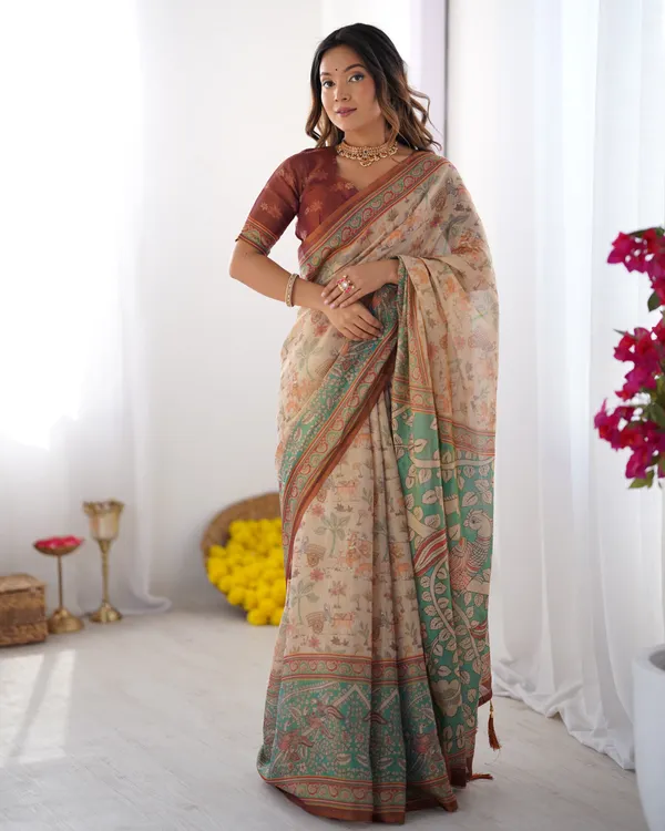 Beige_&_Green_Handloom_Cotton_Saree_with_Village_Life_Print_and_Majestic_Peacock_Pallu