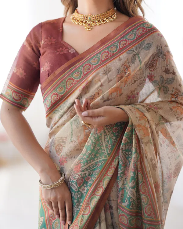 Beige_&_Green_Handloom_Cotton_Saree_with_Village_Life_Print_and_Majestic_Peacock_Pallu