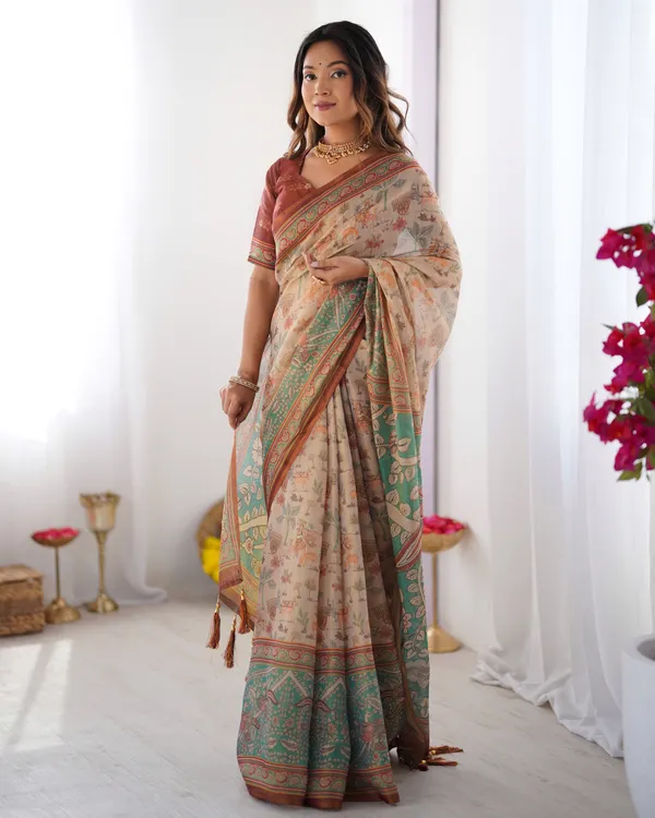 Beige_&_Green_Handloom_Cotton_Saree_with_Village_Life_Print_and_Majestic_Peacock_Pallu