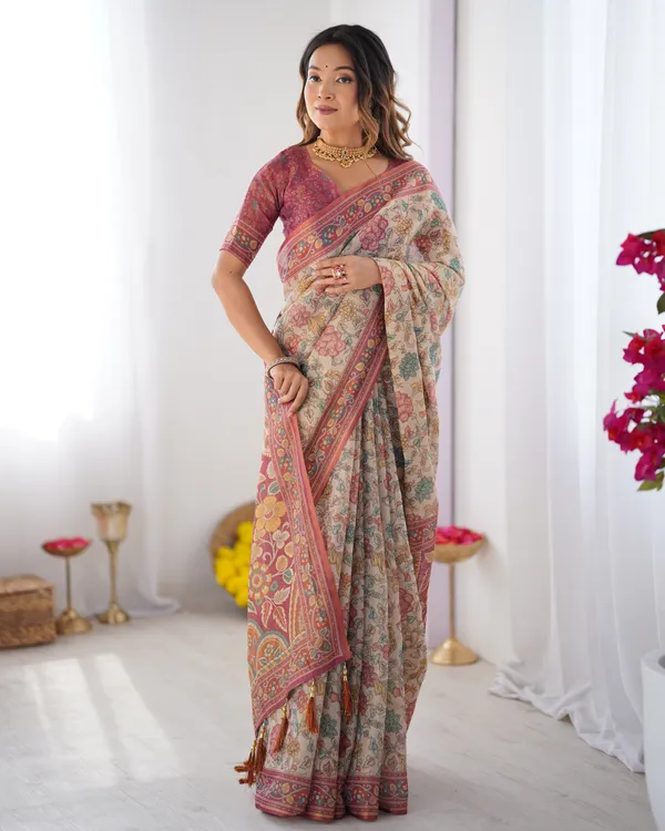 Cream_&_Pink_Handloom_Cotton_Saree_with_Pastel_Floral_Print_and_Ornamental_Tree_Pallu