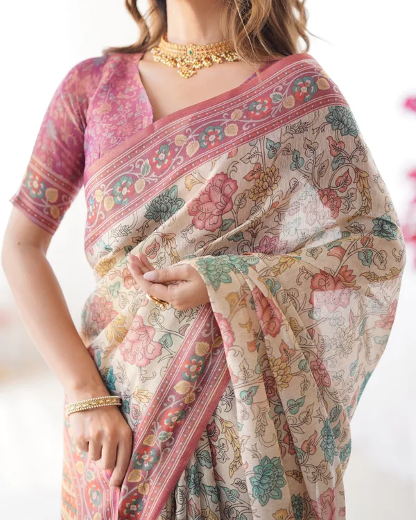 Cream_&_Pink_Handloom_Cotton_Saree_with_Pastel_Floral_Print_and_Ornamental_Tree_Pallu