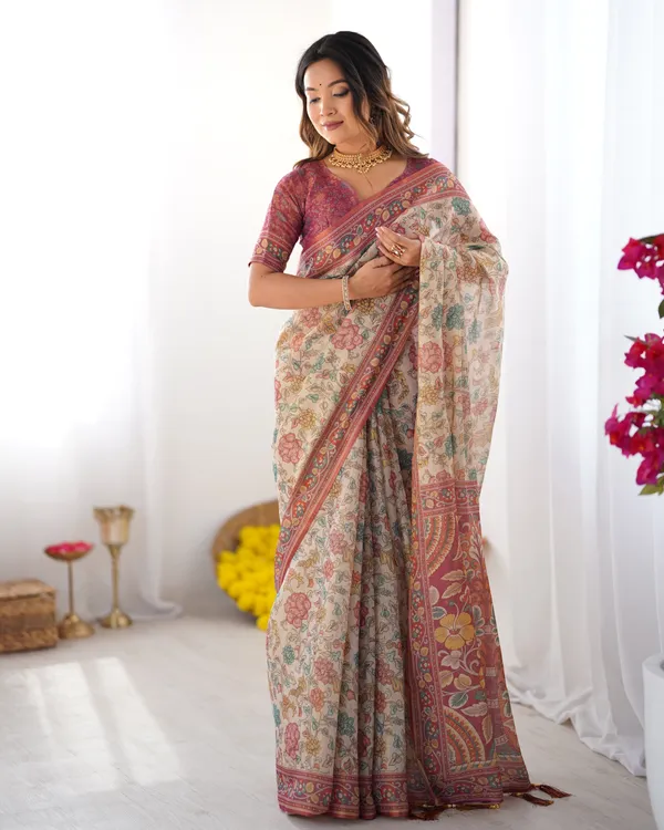 Cream_&_Pink_Handloom_Cotton_Saree_with_Pastel_Floral_Print_and_Ornamental_Tree_Pallu