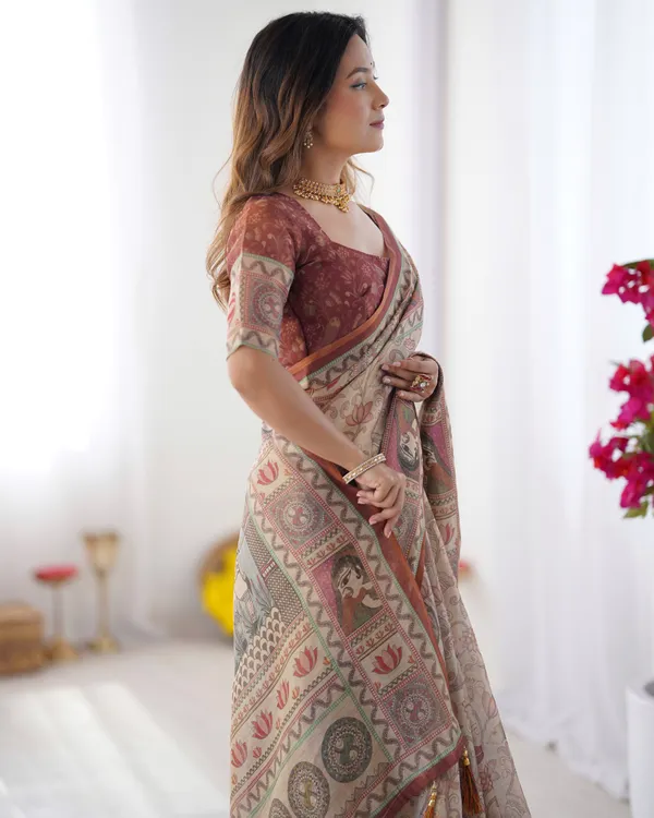 Beige_&_Maroon_Handloom_Cotton_Saree_with_Royal_Faces_&_Elephant_Pallu_Motif
