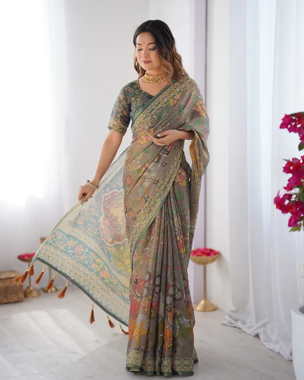 Teal_Green_Handloom_Cotton_Saree_with_Floral_Print_and_Royal_Elephant_Pallu