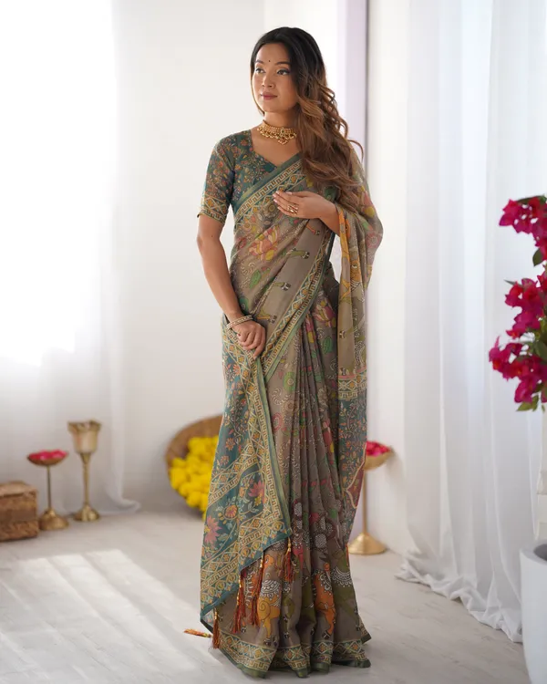 Teal_Green_Handloom_Cotton_Saree_with_Floral_Print_and_Royal_Elephant_Pallu