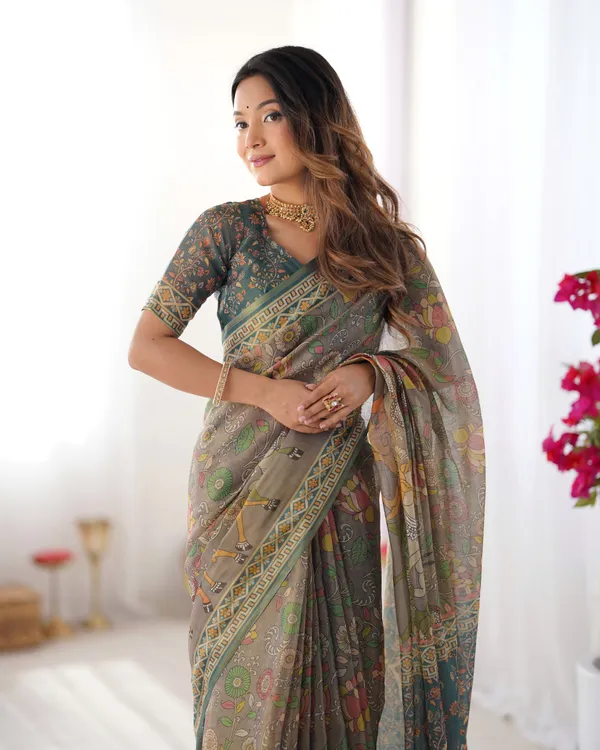 Teal_Green_Handloom_Cotton_Saree_with_Floral_Print_and_Royal_Elephant_Pallu