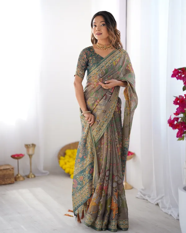 Teal_Green_Handloom_Cotton_Saree_with_Floral_Print_and_Royal_Elephant_Pallu