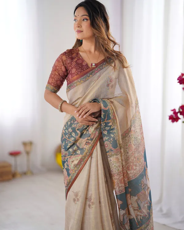 Beige_Handloom_Cotton_Saree_with_Maroon_Blouse_and_Multicolor_Royal_Procession_Pallu