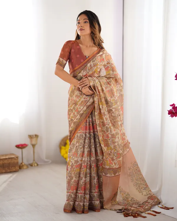 Beige_Handloom_Cotton_Saree_with_Rust_Blouse_and_Village_Celebration_Print