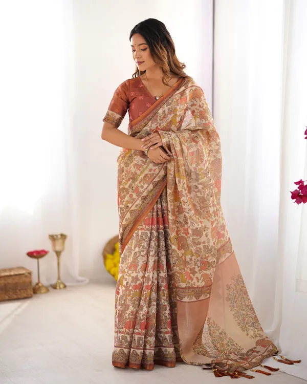 Beige_Handloom_Cotton_Saree_with_Rust_Blouse_and_Village_Celebration_Print