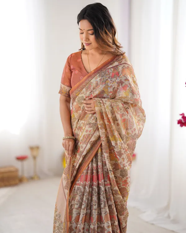 Beige_Handloom_Cotton_Saree_with_Rust_Blouse_and_Village_Celebration_Print