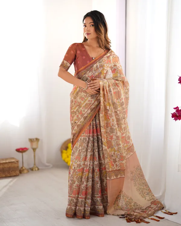 Beige_Handloom_Cotton_Saree_with_Rust_Blouse_and_Village_Celebration_Print