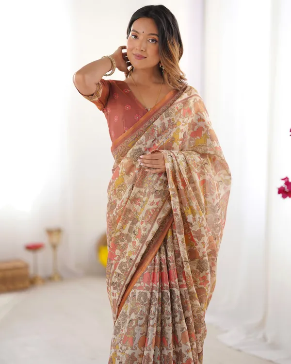 Beige_Handloom_Cotton_Saree_with_Rust_Blouse_and_Village_Celebration_Print