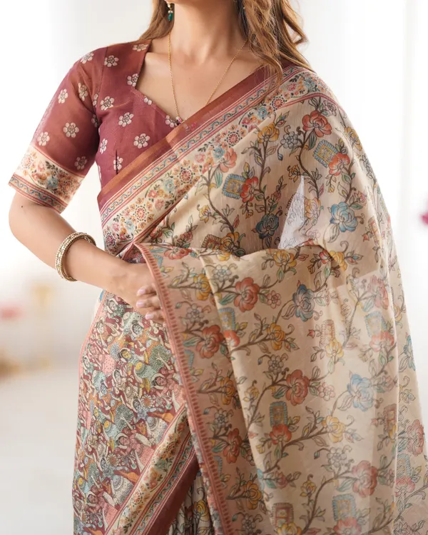 Beige_&_Maroon_Handloom_Cotton_Saree_with_Multicolor_Floral_Print_and_Majestic_Bird_Art_Pallu