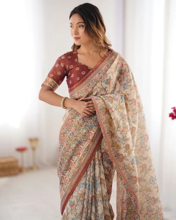 Beige_&_Maroon_Handloom_Cotton_Saree_with_Multicolor_Floral_Print_and_Majestic_Bird_Art_Pallu
