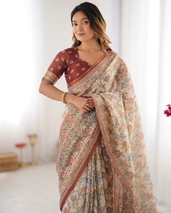 Beige_&_Maroon_Handloom_Cotton_Saree_with_Multicolor_Floral_Print_and_Majestic_Bird_Art_Pallu