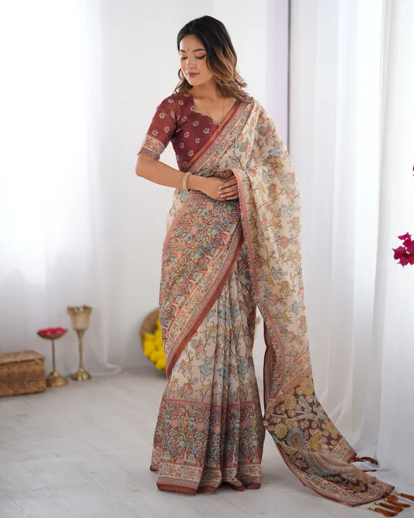 Beige_&_Maroon_Handloom_Cotton_Saree_with_Multicolor_Floral_Print_and_Majestic_Bird_Art_Pallu