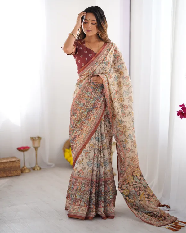 Beige_&_Maroon_Handloom_Cotton_Saree_with_Multicolor_Floral_Print_and_Majestic_Bird_Art_Pallu