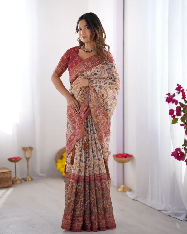 Handloom_Beige_Cotton_Saree_with_Maroon_Blouse,_Pomegranate_Floral_Print_&_Village_Tale_Pallu