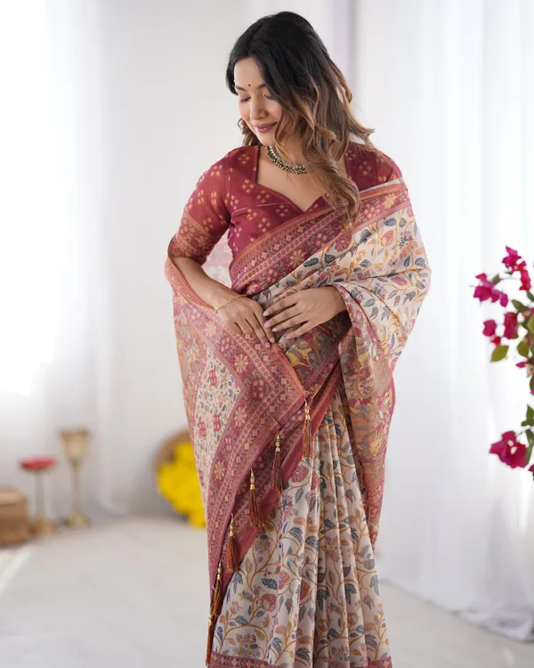 Handloom_Beige_Cotton_Saree_with_Maroon_Blouse,_Pomegranate_Floral_Print_&_Village_Tale_Pallu