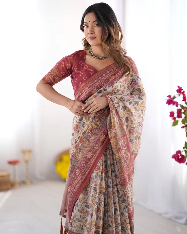 Handloom_Beige_Cotton_Saree_with_Maroon_Blouse,_Pomegranate_Floral_Print_&_Village_Tale_Pallu