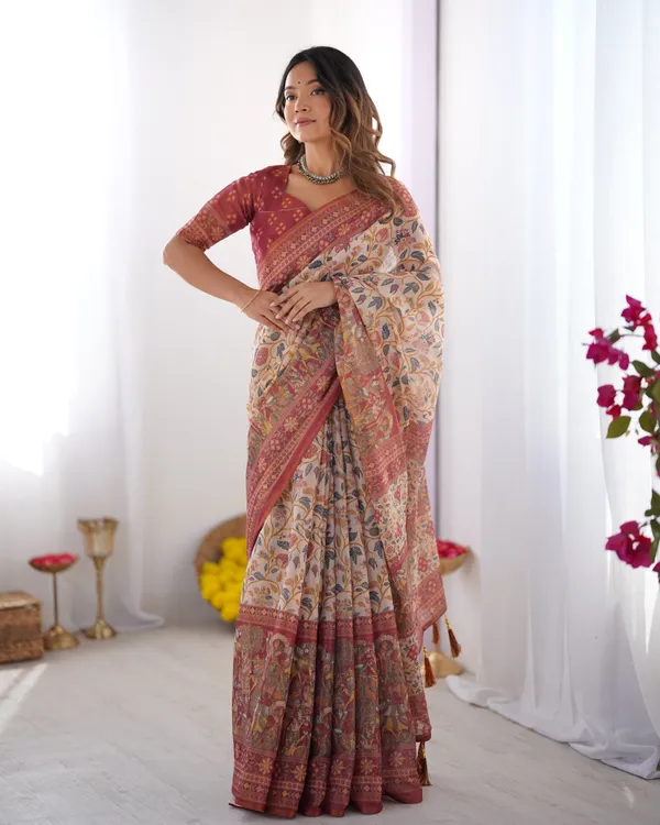 Handloom_Beige_Cotton_Saree_with_Maroon_Blouse,_Pomegranate_Floral_Print_&_Village_Tale_Pallu