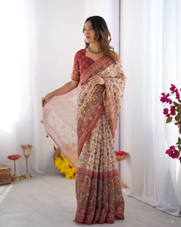 Handloom_Beige_Cotton_Saree_with_Maroon_Blouse,_Pomegranate_Floral_Print_&_Village_Tale_Pallu