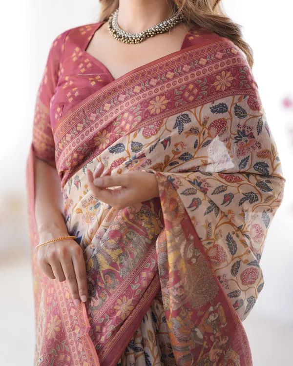 Handloom_Beige_Cotton_Saree_with_Maroon_Blouse,_Pomegranate_Floral_Print_&_Village_Tale_Pallu