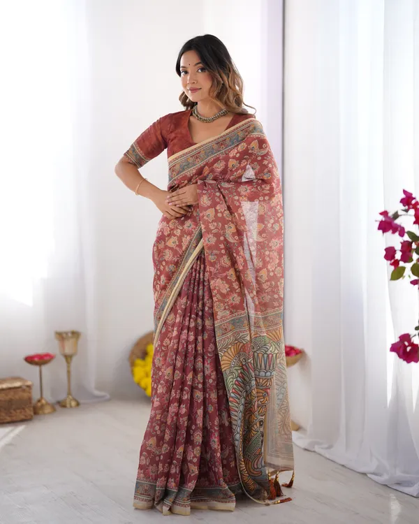 Rust_Maroon_Handloom_Cotton_Saree_with_Floral_Jaal_&_Multicolor_Mandala_Pallu_Art