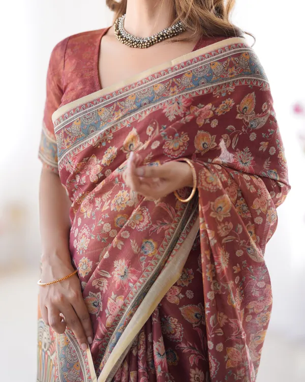 Rust_Maroon_Handloom_Cotton_Saree_with_Floral_Jaal_&_Multicolor_Mandala_Pallu_Art