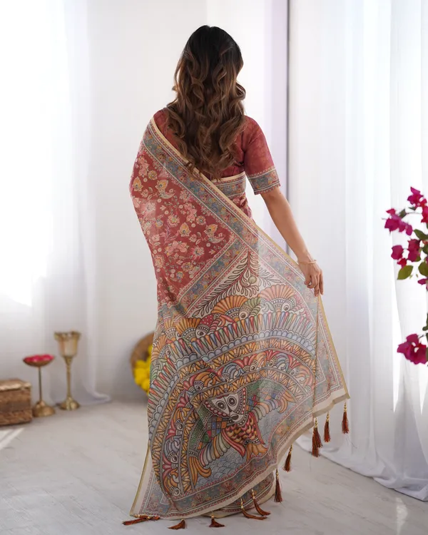 Rust_Maroon_Handloom_Cotton_Saree_with_Floral_Jaal_&_Multicolor_Mandala_Pallu_Art
