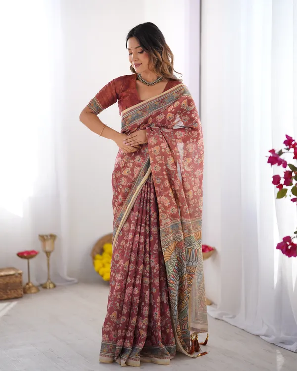 Rust_Maroon_Handloom_Cotton_Saree_with_Floral_Jaal_&_Multicolor_Mandala_Pallu_Art