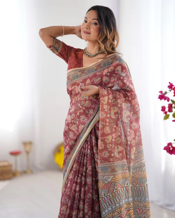 Rust_Maroon_Handloom_Cotton_Saree_with_Floral_Jaal_&_Multicolor_Mandala_Pallu_Art