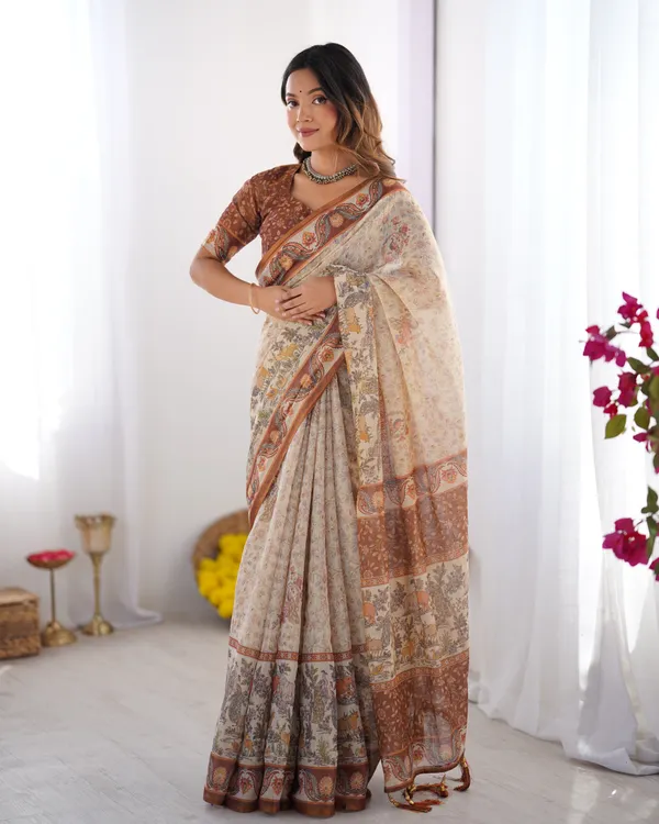 Elegant_Beige_&_Brown_Pure_Linen_Cotton_Handloom_Saree_with_Animal_Motifs_and_Floral_Prints