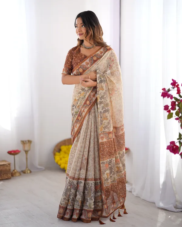 Elegant_Beige_&_Brown_Pure_Linen_Cotton_Handloom_Saree_with_Animal_Motifs_and_Floral_Prints