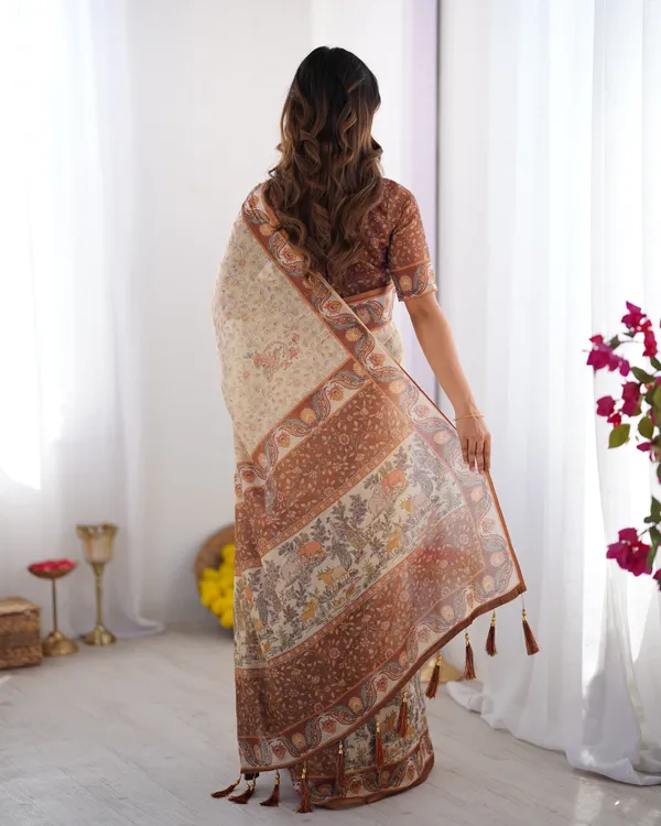 Elegant_Beige_&_Brown_Pure_Linen_Cotton_Handloom_Saree_with_Animal_Motifs_and_Floral_Prints