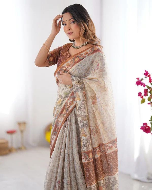 Elegant_Beige_&_Brown_Pure_Linen_Cotton_Handloom_Saree_with_Animal_Motifs_and_Floral_Prints