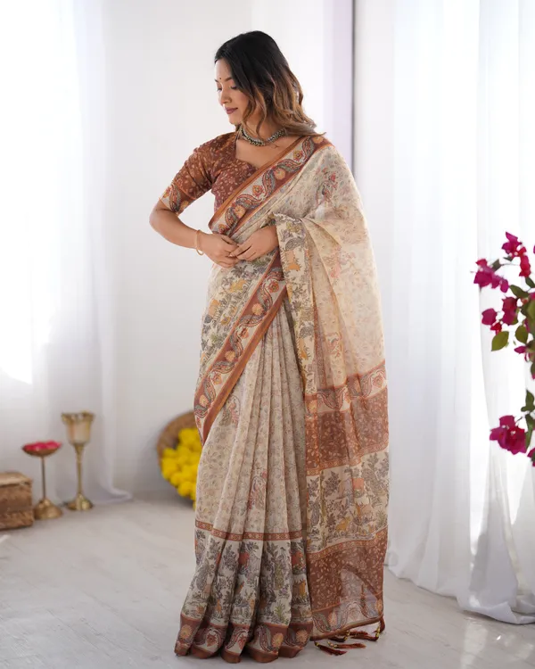 Elegant_Beige_&_Brown_Pure_Linen_Cotton_Handloom_Saree_with_Animal_Motifs_and_Floral_Prints